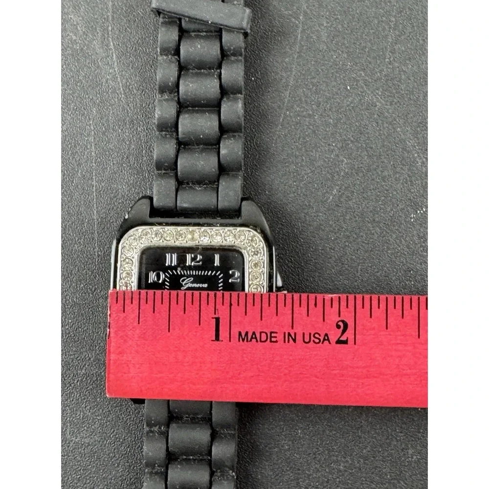 Geneva quartz square watch black face rhinestone bezel‎ sports band works
